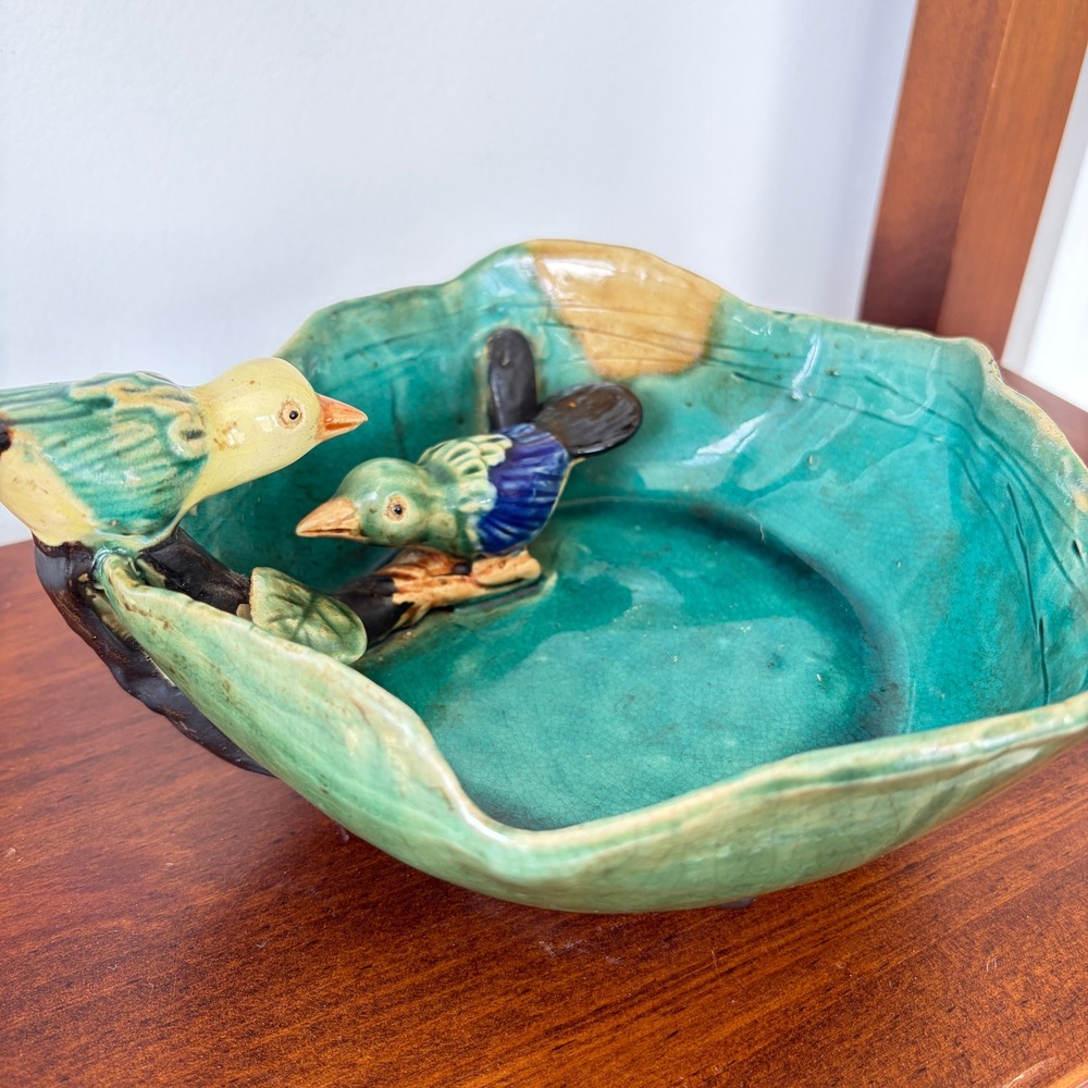 Vintage Artisan Ceramic Bird Bowl Teal Green Crackle Glaze Hand Painted Decor - Picture 5 of 12